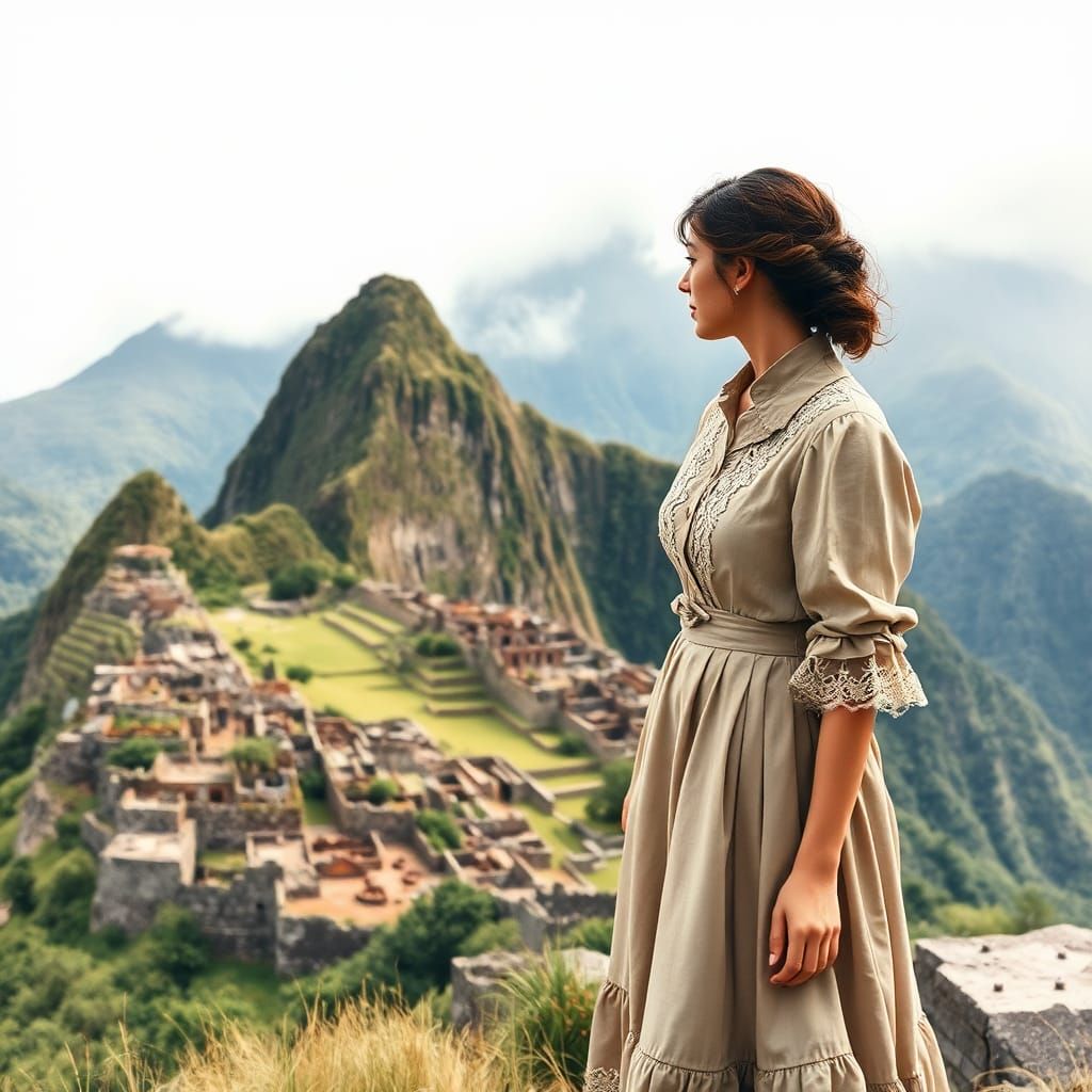 Victorian Woman at Machu Picchu in Watercolor Style