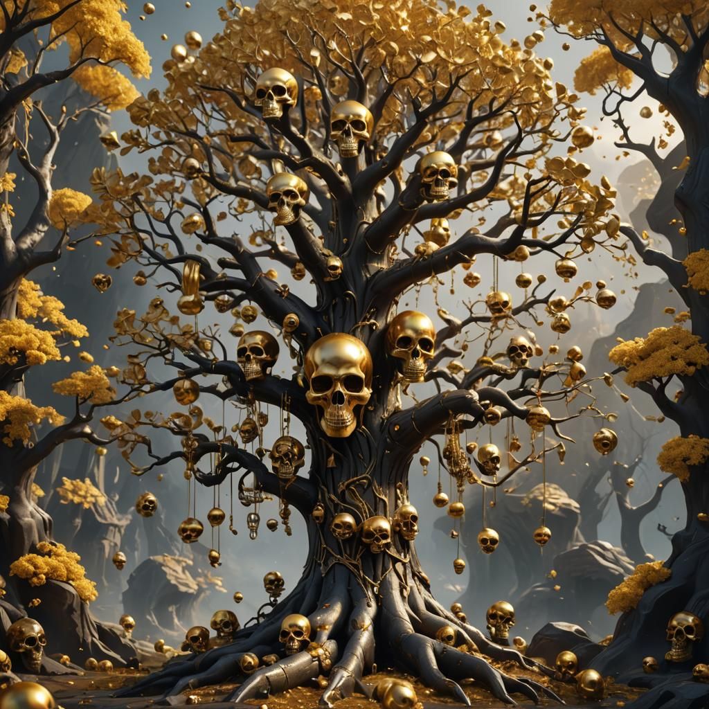 Golden Skull Tree: Detailed Fantasy Art
