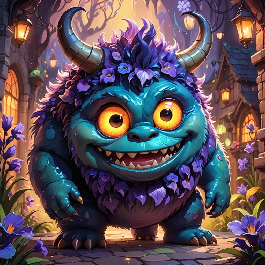 Friendly Furry Monster with Glowing Eyes: Digital Art