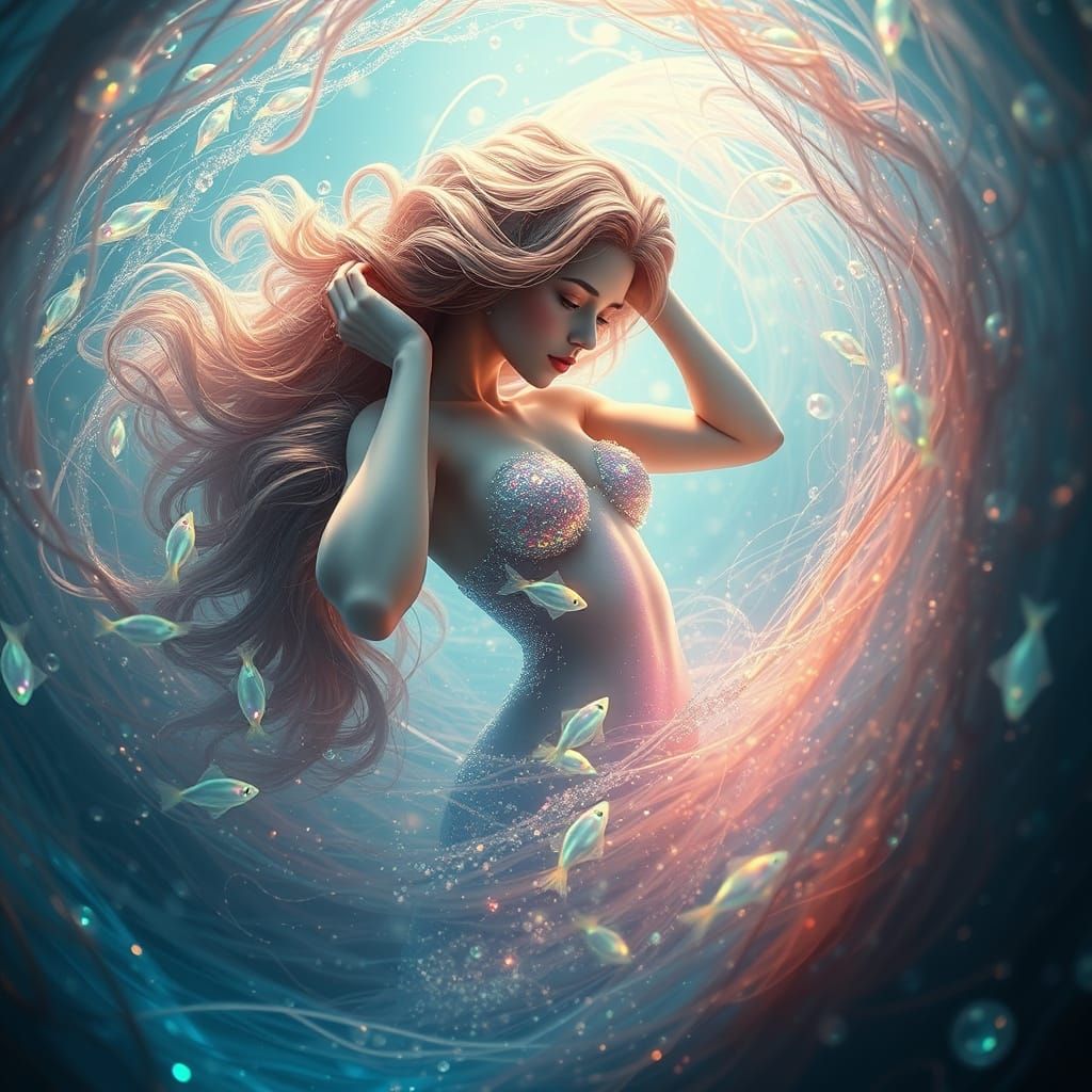 Surreal Mermaid in Iridescent Seaweed, amidst Rainbow Fish a...