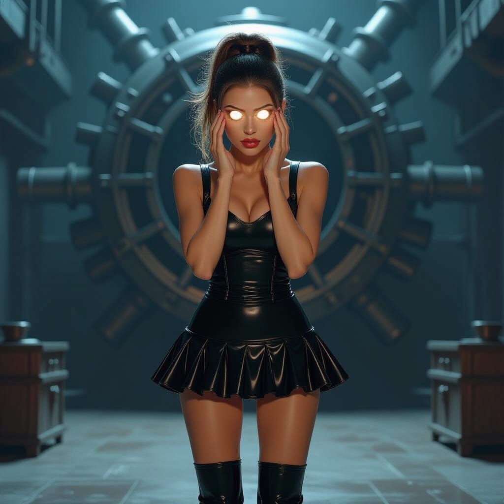 Woman Holds Eyes in Hands with Steampunk Engine Background