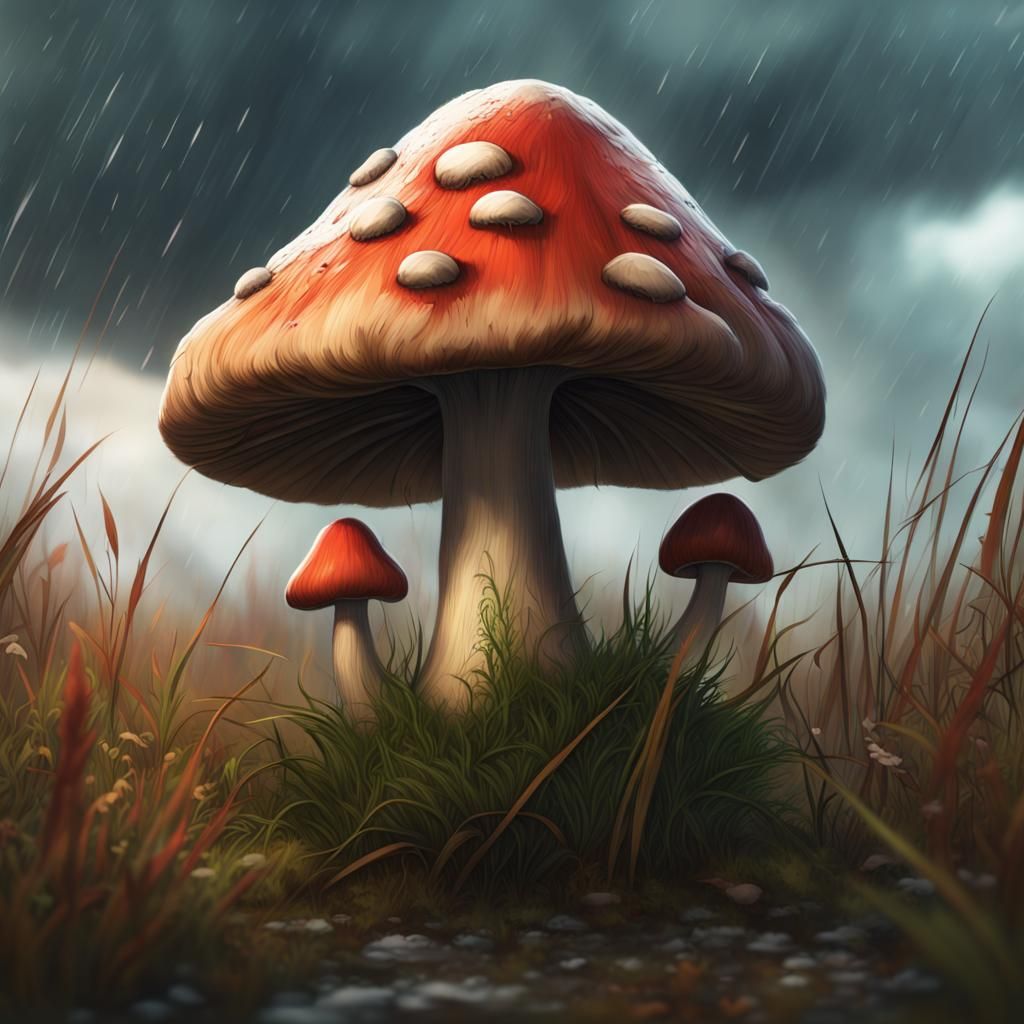Mushroom in Rainy Grassland: Digital Matte Painting
