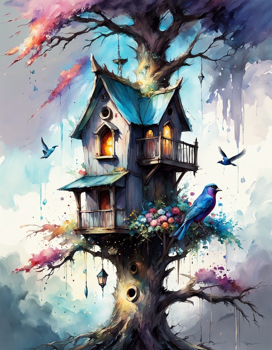 Watercolor Birdhouse with Colorful Bird and Flowers