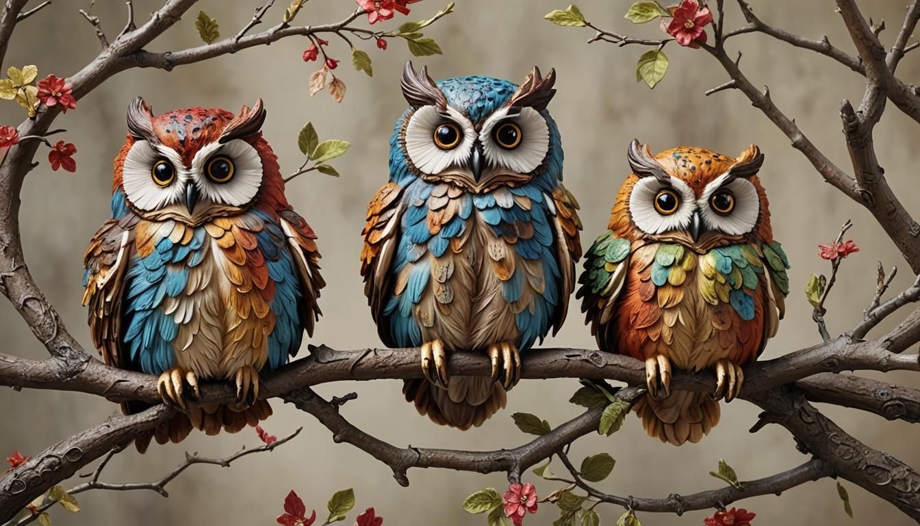 Colorful Fluffy Owls in Country Western Style