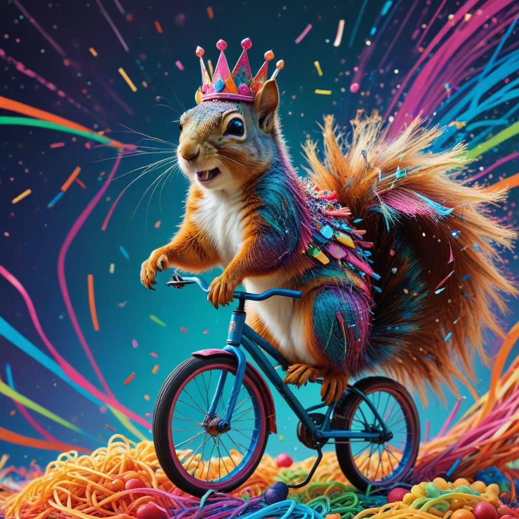 Surreal Cartoon Squirrel Rides Unicycle on Rainbow Spaghetti