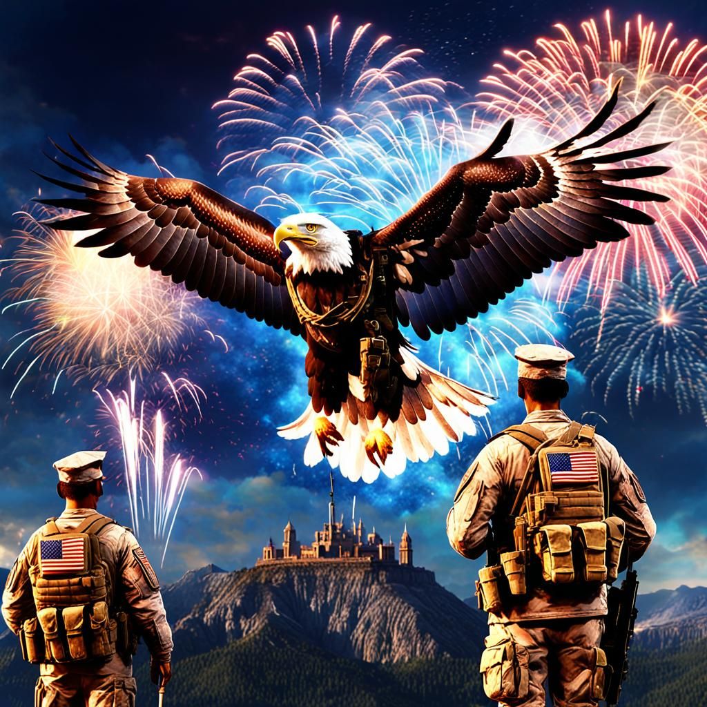 American Eagle Saluting Soldiers with Fireworks