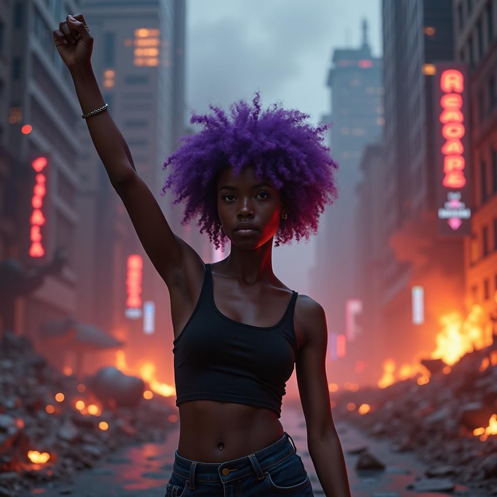 Defiant Woman in Burning City, Matte Painting Style