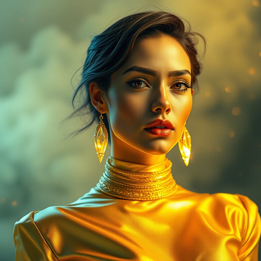 Radiant Woman with Golden Silk Outfit in Cinematic Style