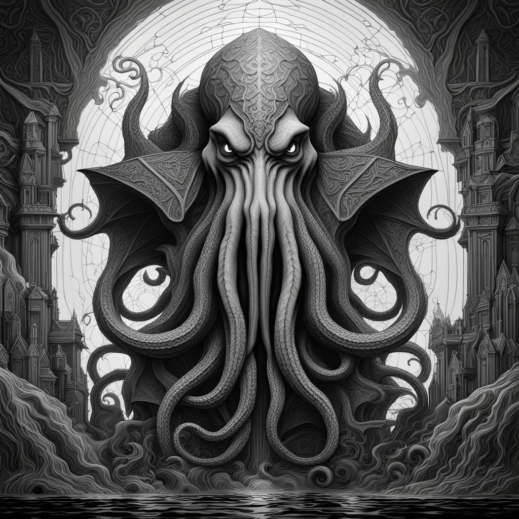 Cthulhu Clip Art in Black and White Line Art