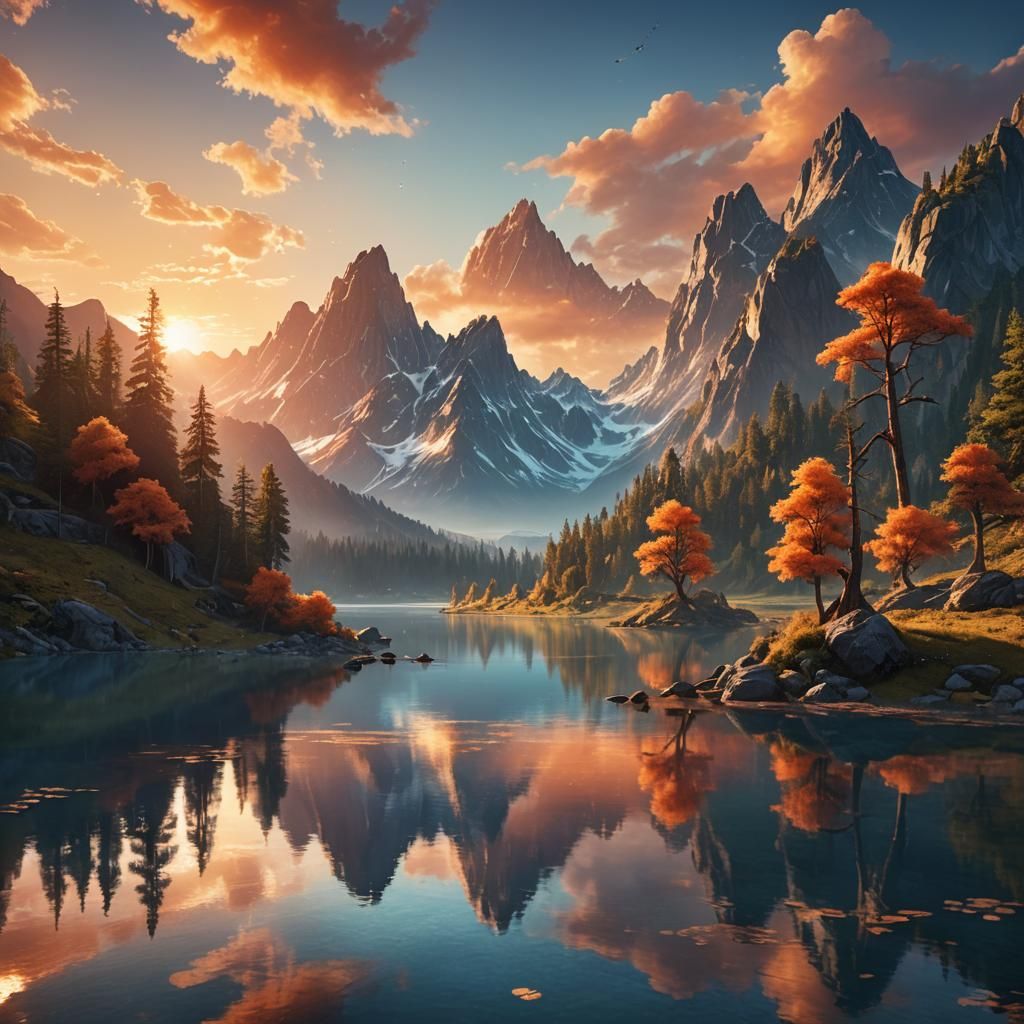 Serene Lake Sunset in a Fantasy Landscape
