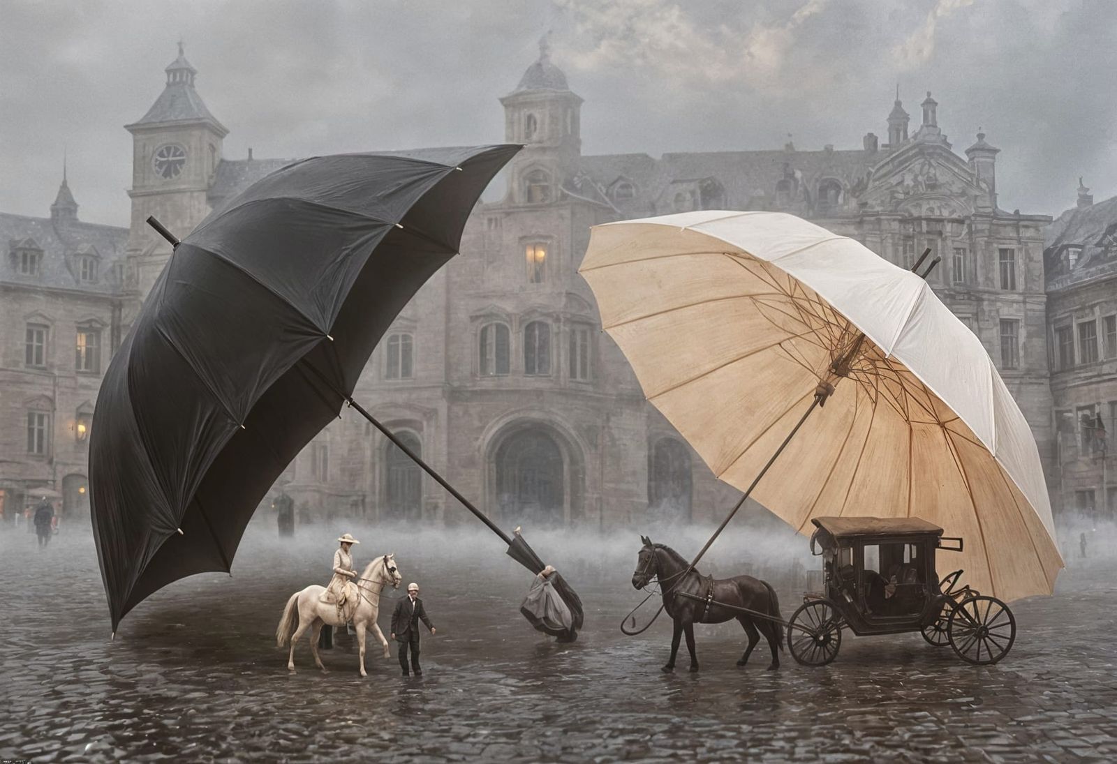 Surreal Umbrellas in Rainy Cobblestone Scene