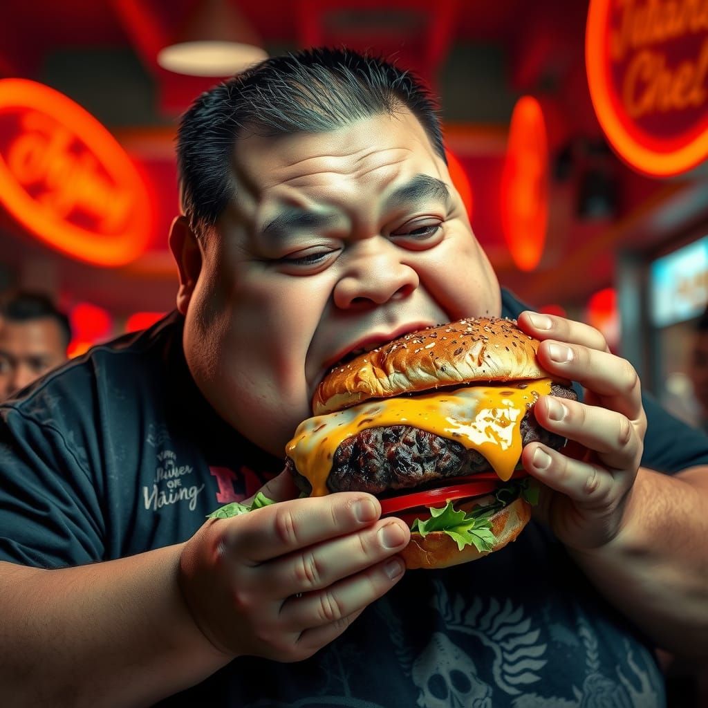 Morbidly Obese Man Devours Juicy Burger in Hyperrealistic Ci...