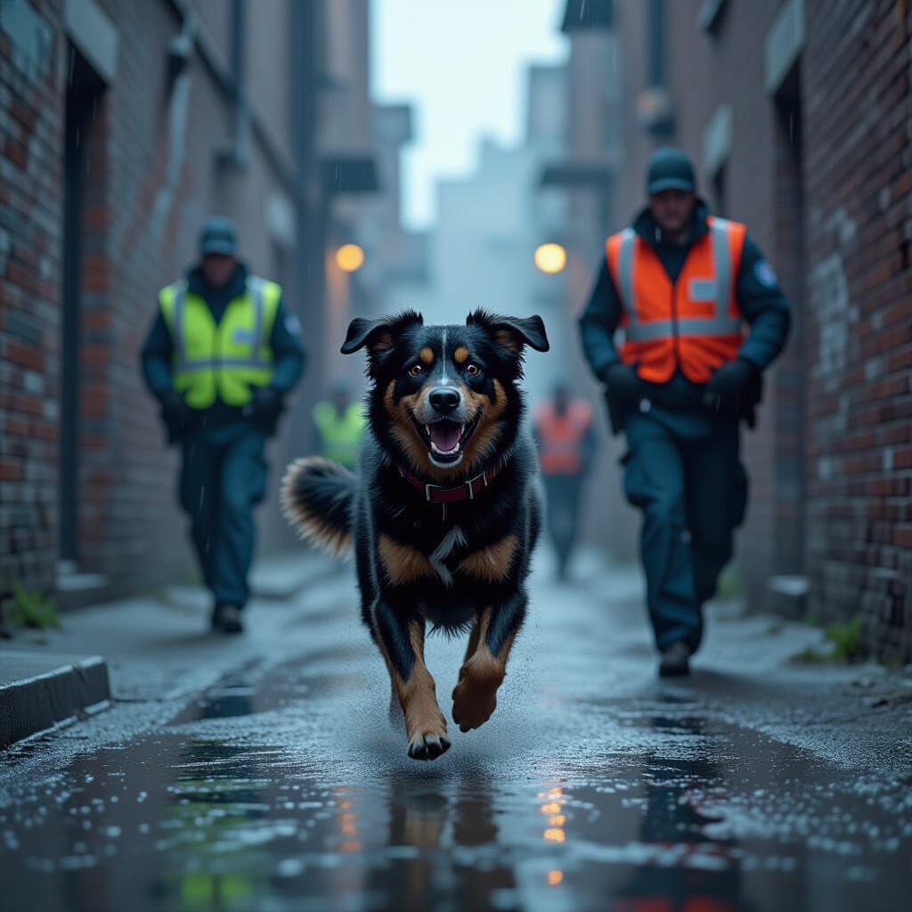 Frightened Dog Flees Alleyway in Noir Style