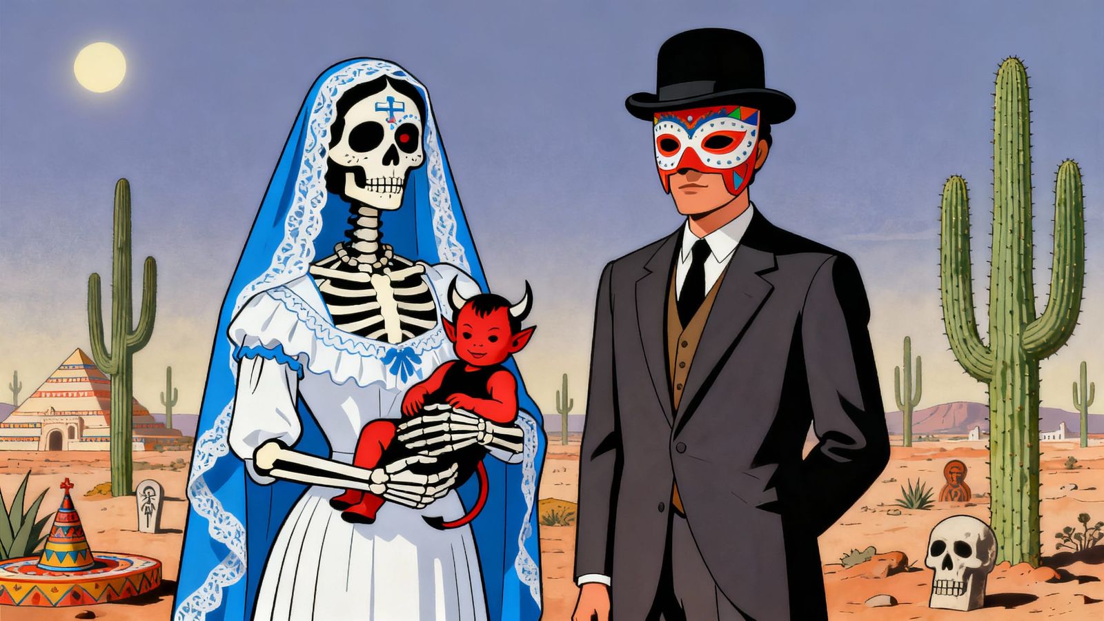 Surreal Mexican Scene: Catrina with Devil and Masked Man