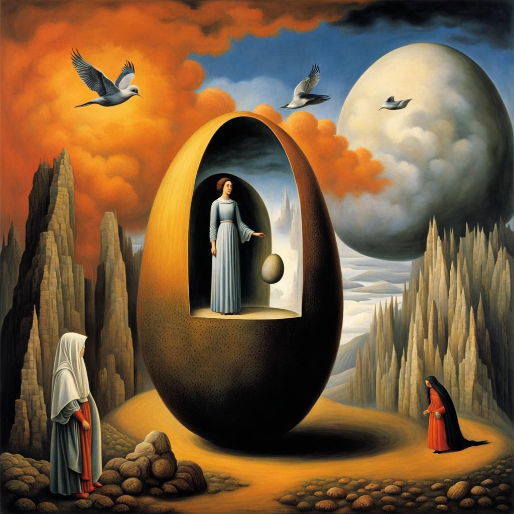 Author: Remedios Varo Title: The creation of birds Keywords: Levitating women, birds with human faces, giant egg, dreams...