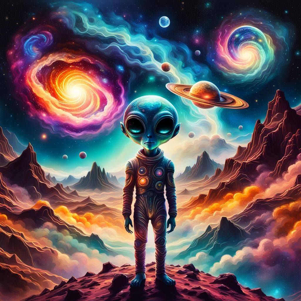 Alien in Celestial Landscape: Surreal Mixed Media Art