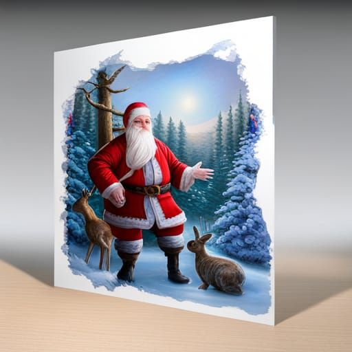 Santa in Blue Suit Forest Scene, Hyperrealistic Art