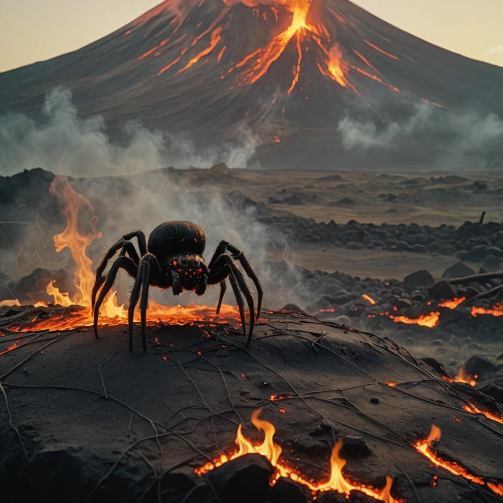 Fiery Spider Web Volcano in Film Grain Style