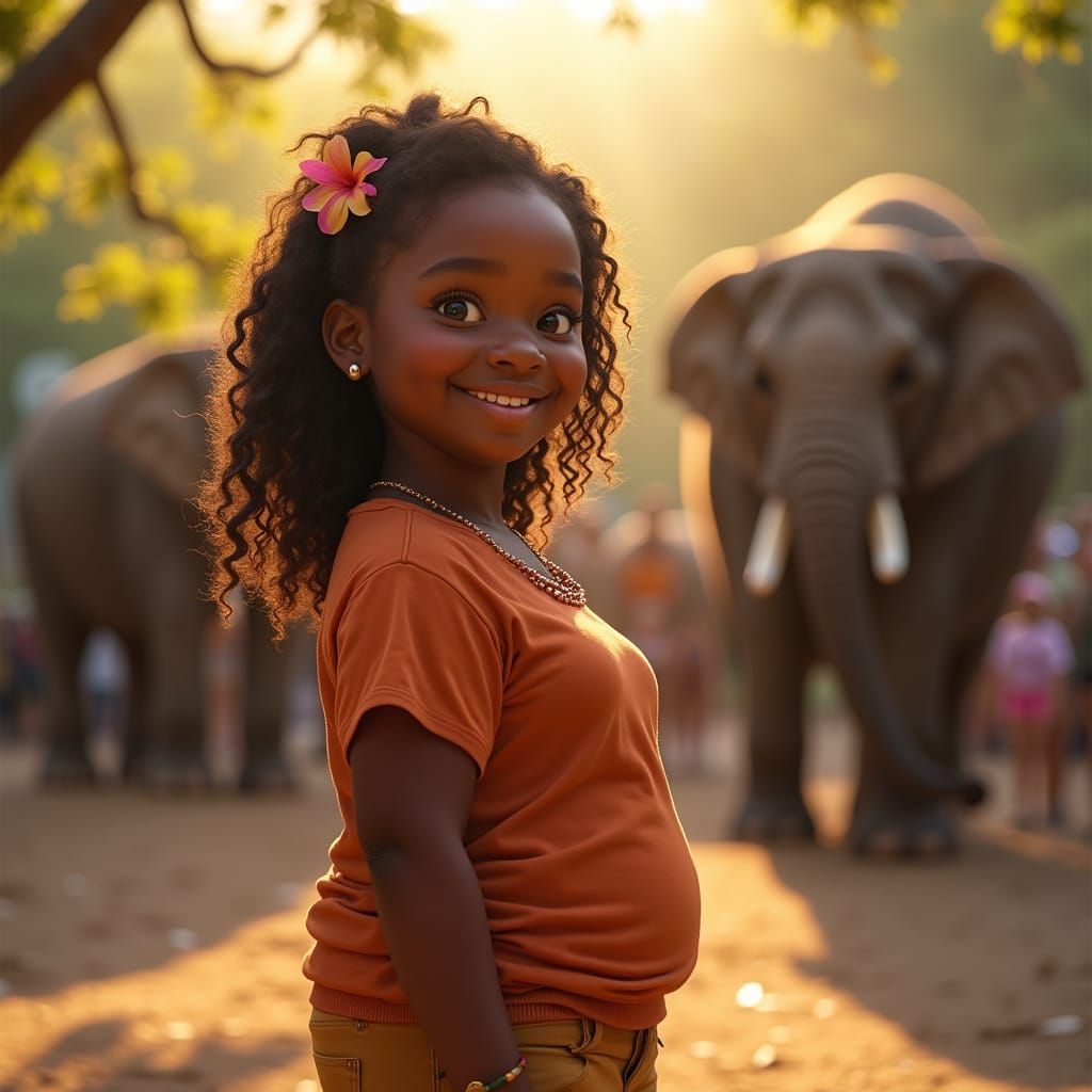 Vibrant Black Teen Girl Surrounded by Elephants at the Zoo