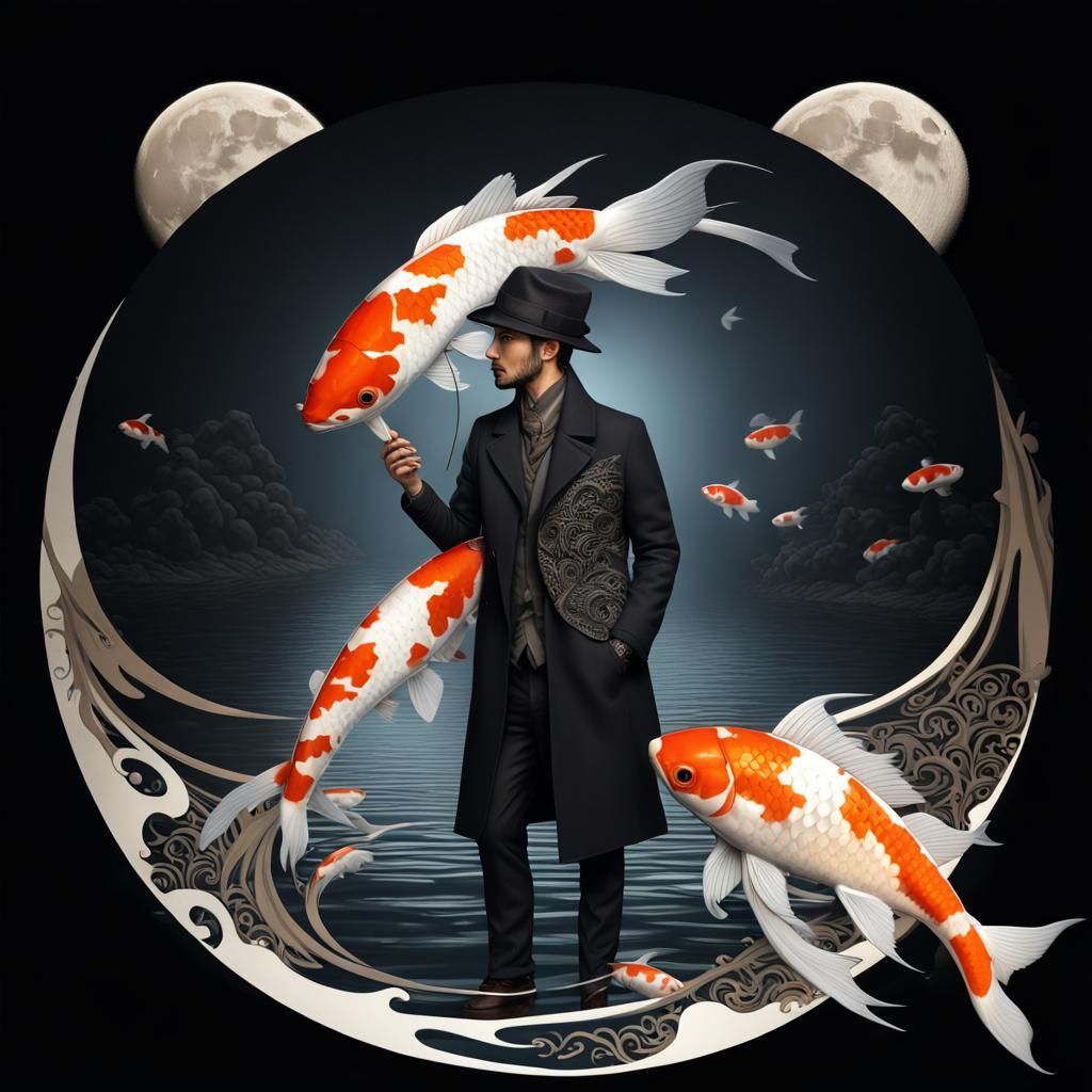 Italian Man with Koi Fish and Moon, 3D Art