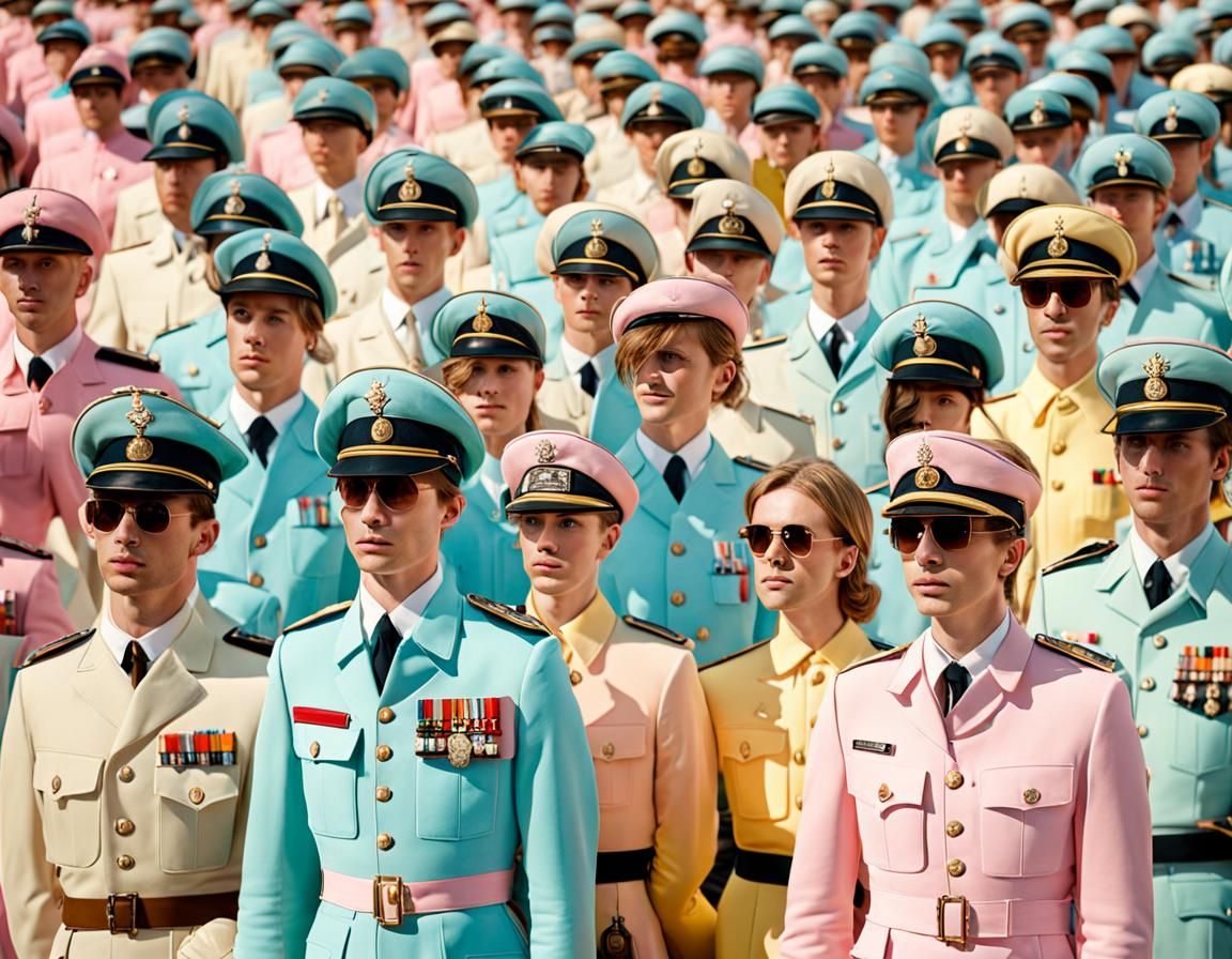 Elegant Soldiers in Pastel Uniforms, Wes Anderson Style