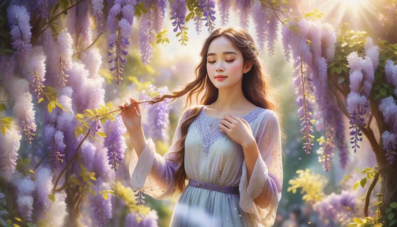 Girl in Wisteria Garden as Pointillism Art