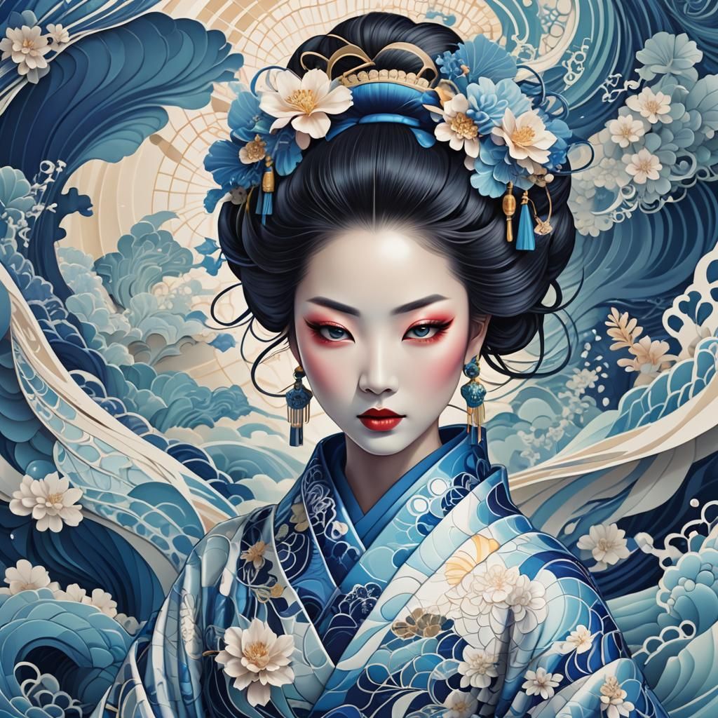 Blue Geisha in Abstract Digital Art