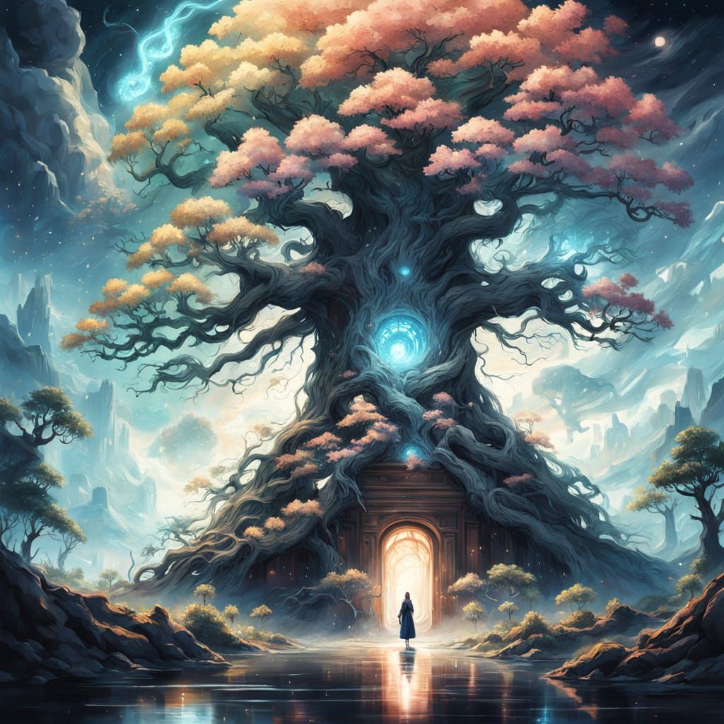 Ethereal Ancient Tree Under Cosmic Nebula Sky