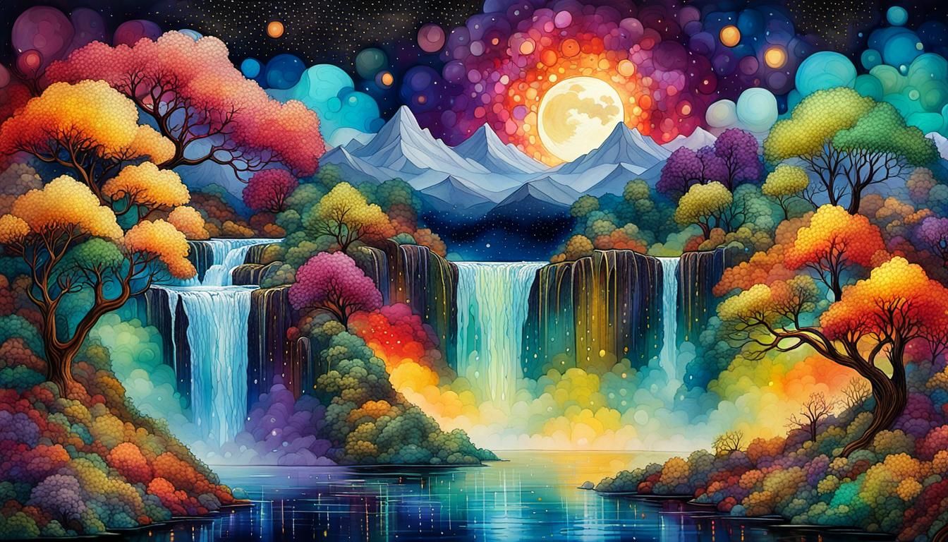 Magical Multicolor Landscape under Moonlight, Alcohol Ink Ar...