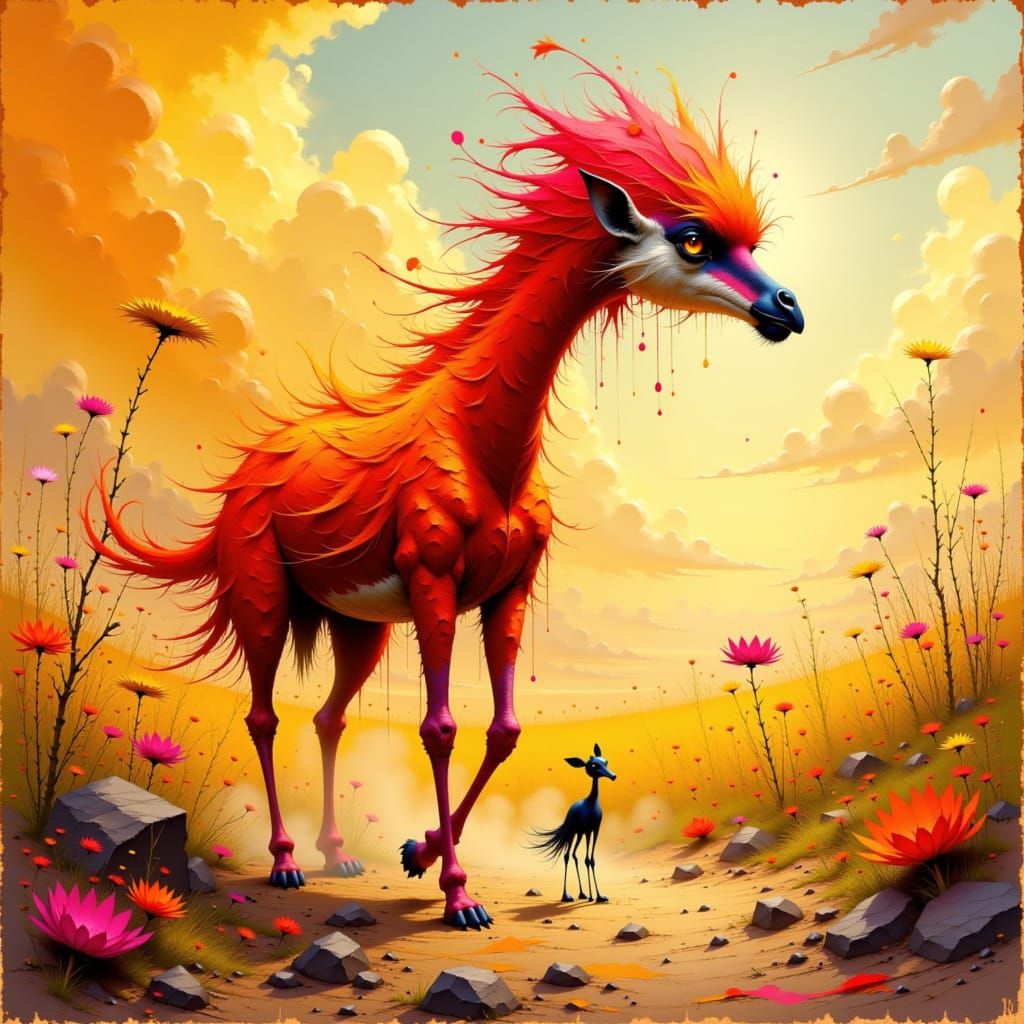 Fire-Flamingo-Giraffe Hybrid in Expressive Artistic Style