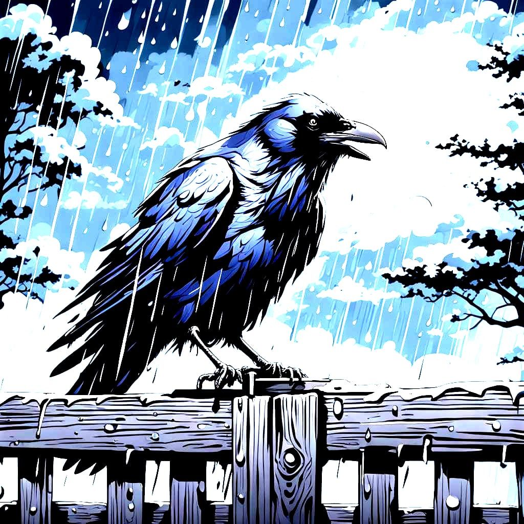 Mysterious Crow perched on Wooden Fence at Night