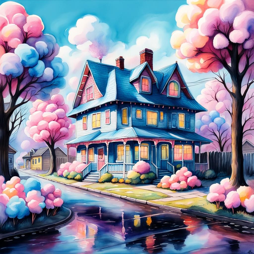 Dreamcore House with Cotton Candy Trees in Watercolor