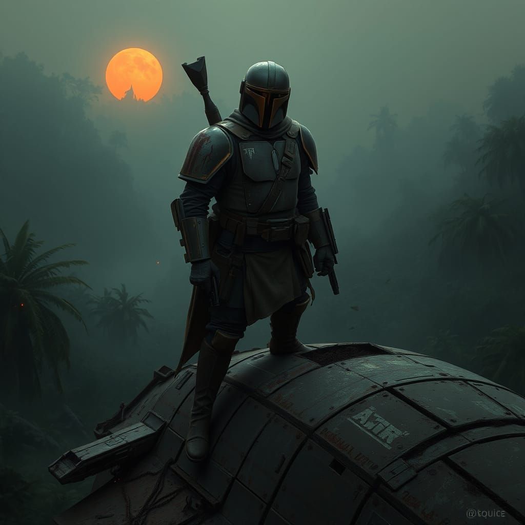 Mandalorian Warrior Stands Vigilant in Dxun's Forgotten Jung...