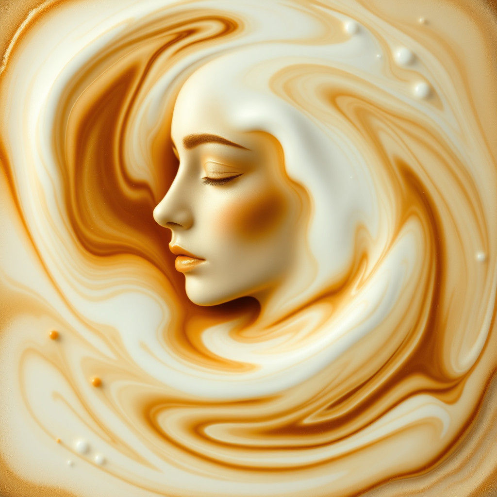 Ethereal Face Dissolving into Latte Art Vortex