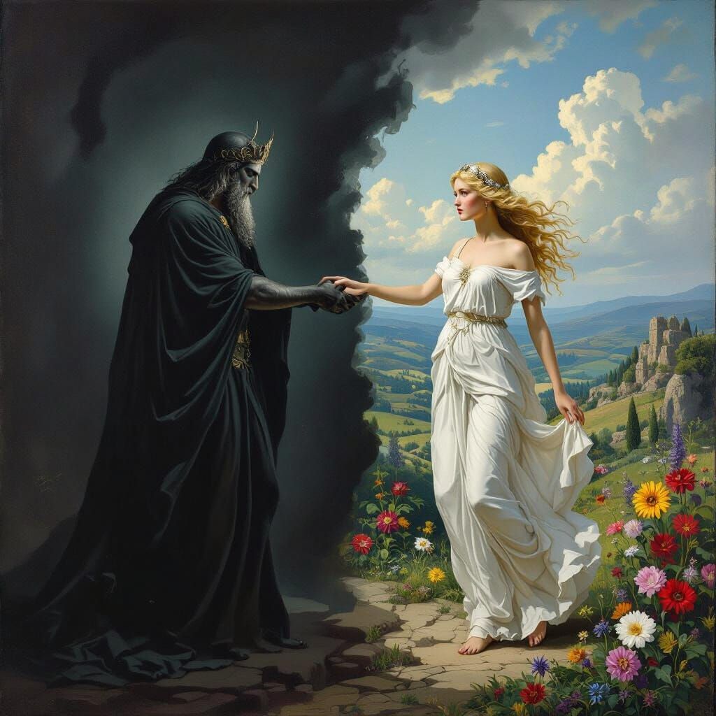 Hades Abducts Persephone in Dark Underworld Painting