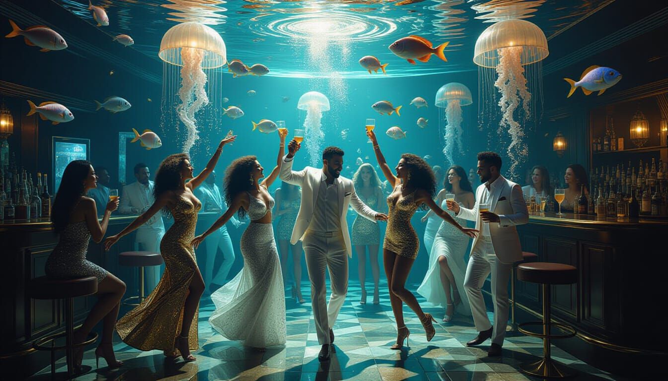 Underwater Disco Bar with Dancing People in Fantasy Realism