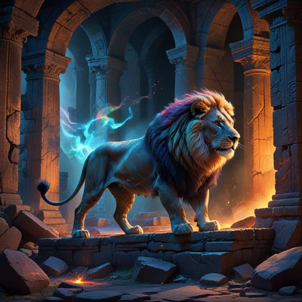 Majestic Lion Prowls Ancient Ruins in Painterly Style