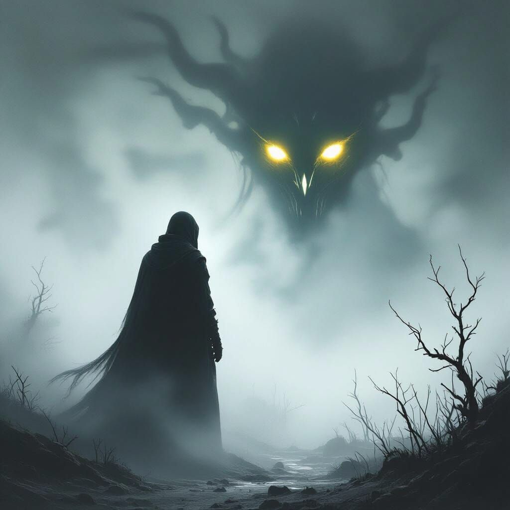 Eerie Figure with Glowing Eyes in Fog