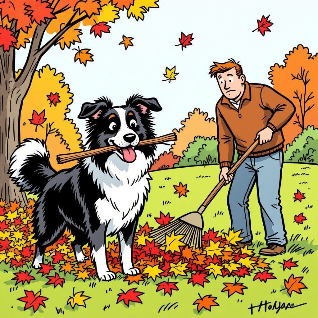 Border Collie Grabs Stick Amidst Autumn Leaves Cartoon