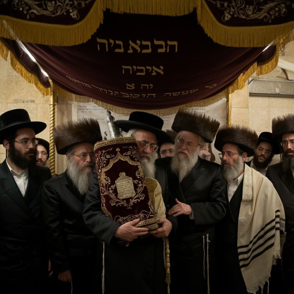 Ultra-Orthodox Jew with Sefer Torah Under Canopy