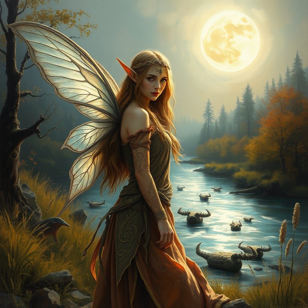 Fairy Elf Gypsy with Glowing Wings as Impasto Art