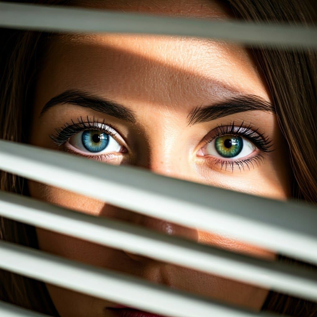 Woman's Enigmatic Gaze from Behind a Window Blind