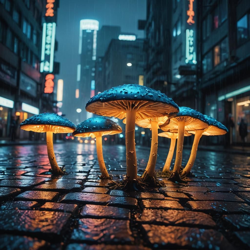 Glowing Fungi Emerge in Cyberpunk City