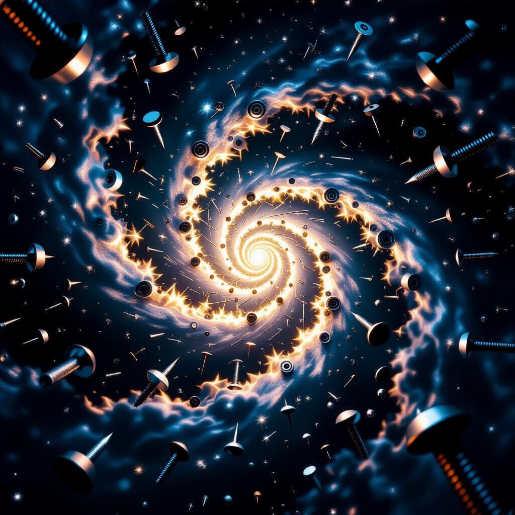 Swirling Galaxy of Screws and Nails in Cosmic Oil Painting S...