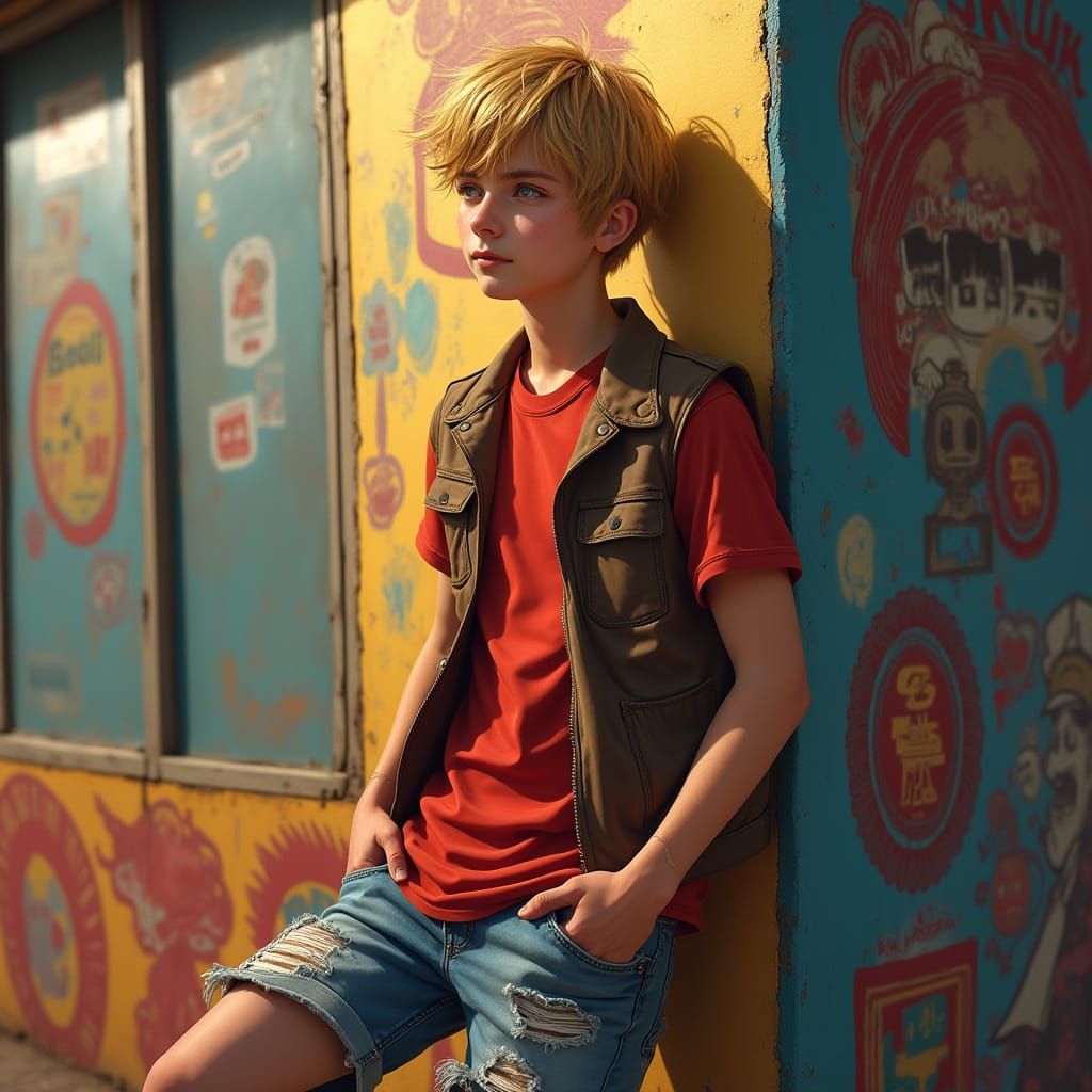 Charming Young Man Leans Against a Colorful Arcade in Hyper-...