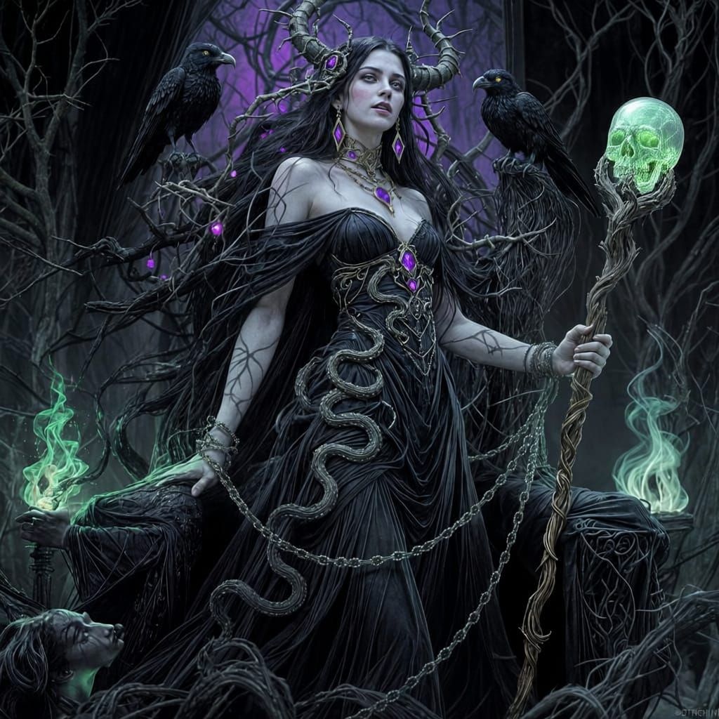 Ancient Witch Queen on Obsidian Throne with Green Flames
