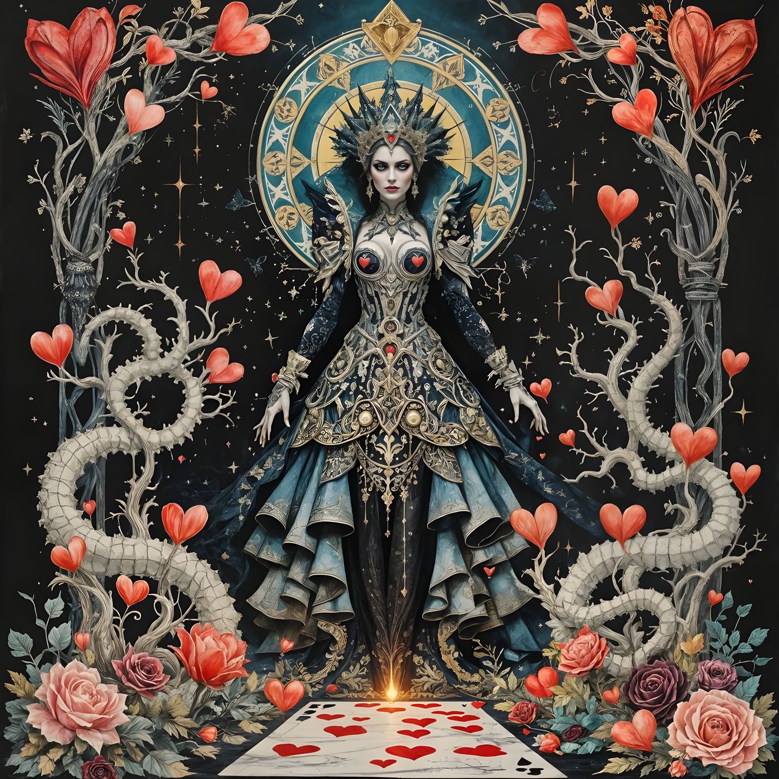Intricate Queen of Spades in Hearts Game