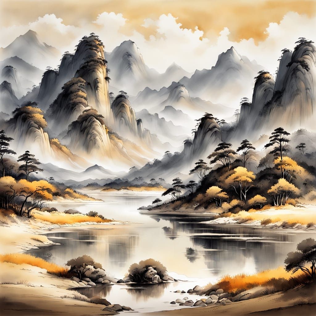Majestic Chinese Inkwash Landscape with Mountains, Forests, ...
