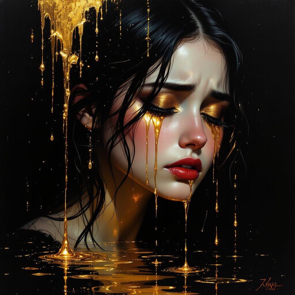 Gorgeous Girl Crying Golden Tears in Dark Fantasy Style