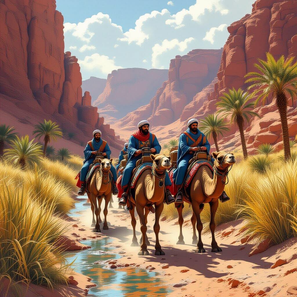 Steampunk Camel Caravan in Red Wadi Landscape